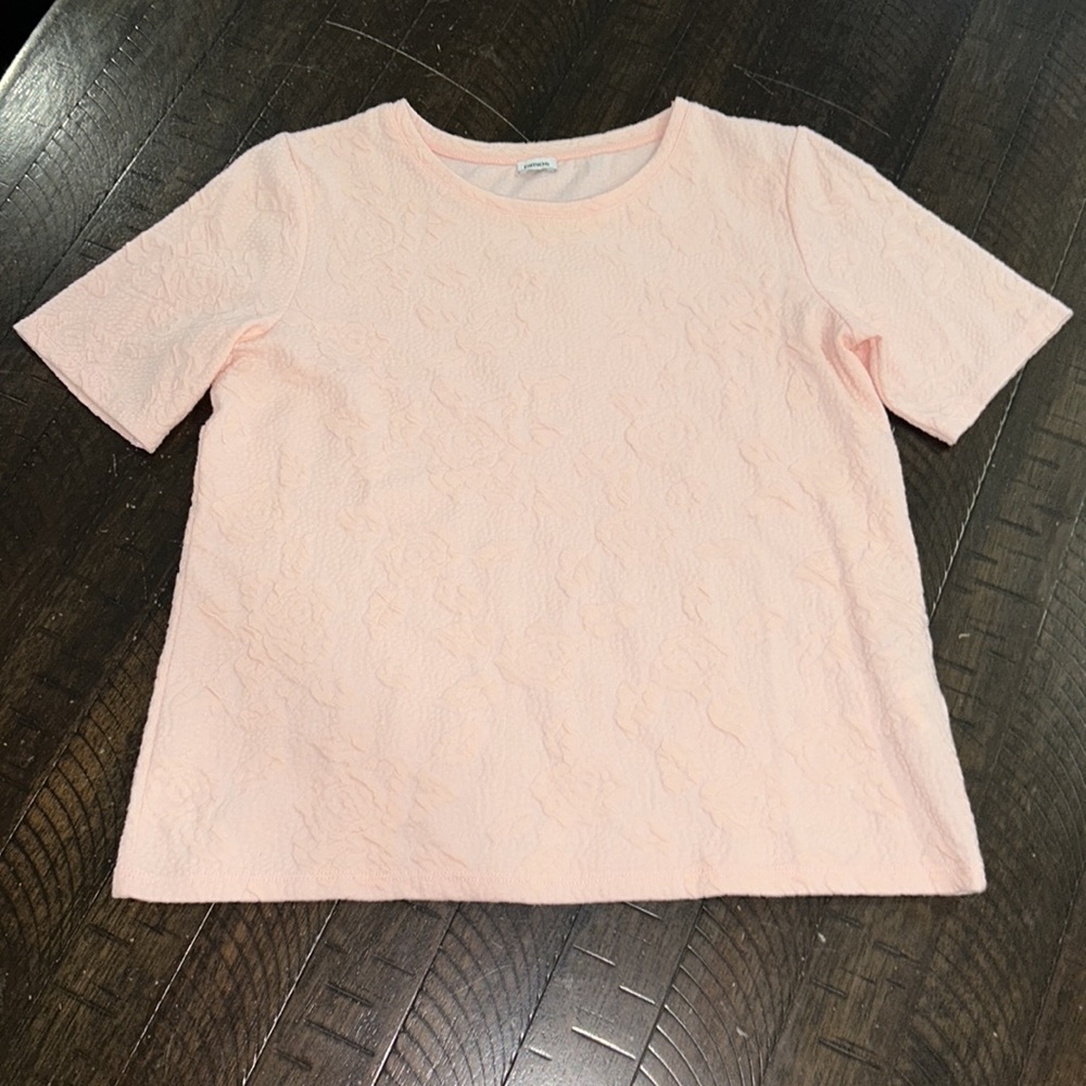 Anthropologie Pimkie Light Ballerina Pink rose floral embroidered printed SS top